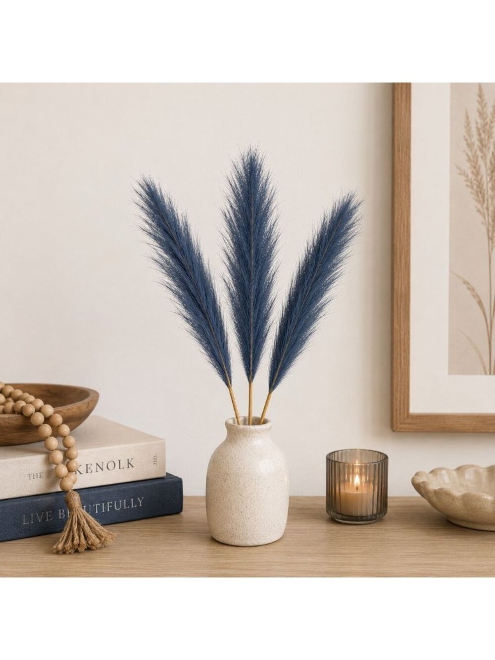 Dusty Navy Blue Faux Pampas Grass Bundle | 3 Artificial Pampas Stems | 20 Inch B - Picture 7 of 8